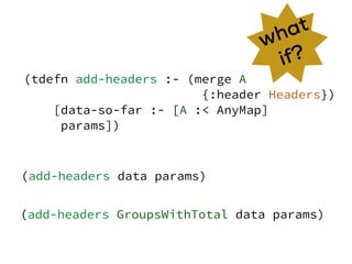 what
if?
(add-headers data params)
(add-headers GroupsWithTotal data params)
(tdefn add-headers :- (merge A
{:header Headers})
[data-so-far :- [A :< AnyMap]
params])
 