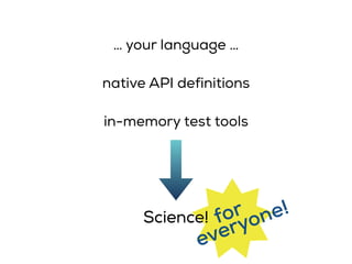 Science!
in-memory test tools
native API definitions
… your language …
everyone!forScience!
 
