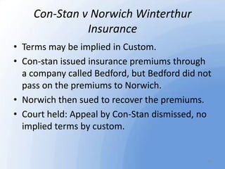 Con-Stan v Norwich Winterthur
Insurance
• Terms may be implied in Custom.
• Con-stan issued insurance premiums through
a c...