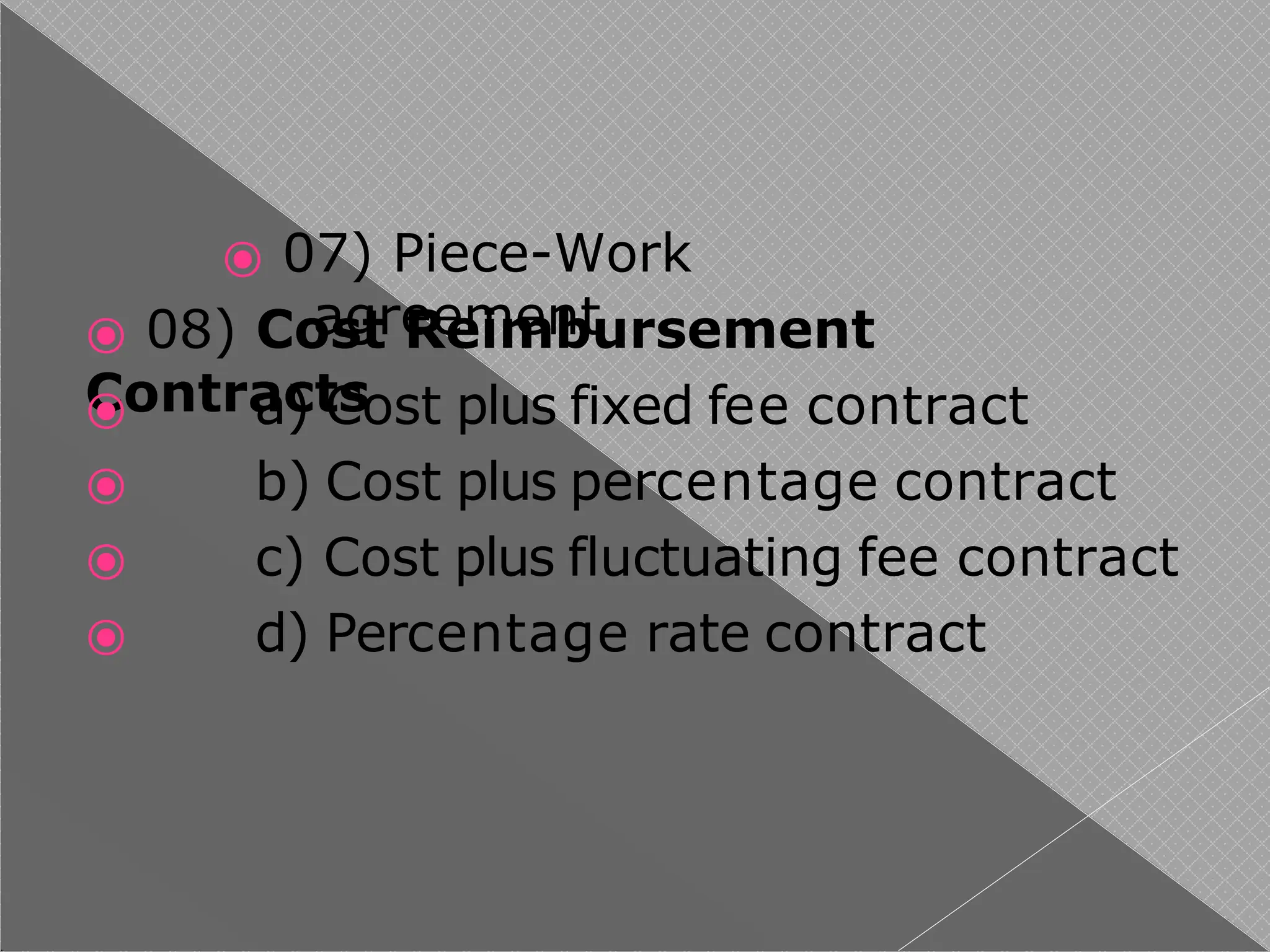 ⦿ 07) Piece-Work
agreement
⦿ 08) Cost Reimbursement
Contracts
⦿
⦿
⦿
⦿
a) Cost plus fixed fee contract
b) Cost plus percentage contract
c) Cost plus fluctuating fee contract
d) Percentage rate contract
 