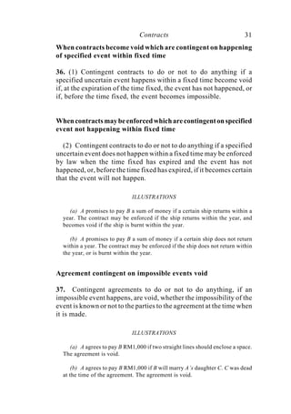 Contracts 31
When contracts become void which are contingent on happening
of specified event within fixed time
36. (1) Contingent contracts to do or not to do anything if a
specified uncertain event happens within a fixed time become void
if, at the expiration of the time fixed, the event has not happened, or
if, before the time fixed, the event becomes impossible.
Whencontractsmaybeenforcedwhicharecontingentonspecified
event not happening within fixed time
(2) Contingent contracts to do or not to do anything if a specified
uncertain event does not happen within a fixed time may be enforced
by law when the time fixed has expired and the event has not
happened, or, before the time fixed has expired, if it becomes certain
that the event will not happen.
ILLUSTRATIONS
(a) A promises to pay B a sum of money if a certain ship returns within a
year. The contract may be enforced if the ship returns within the year, and
becomes void if the ship is burnt within the year.
(b) A promises to pay B a sum of money if a certain ship does not return
within a year. The contract may be enforced if the ship does not return within
the year, or is burnt within the year.
Agreement contingent on impossible events void
37. Contingent agreements to do or not to do anything, if an
impossible event happens, are void, whether the impossibility of the
event is known or not to the parties to the agreement at the time when
it is made.
ILLUSTRATIONS
(a) A agrees to pay B RM1,000 if two straight lines should enclose a space.
The agreement is void.
(b) A agrees to pay B RM1,000 if B will marry A’s daughter C. C was dead
at the time of the agreement. The agreement is void.
 