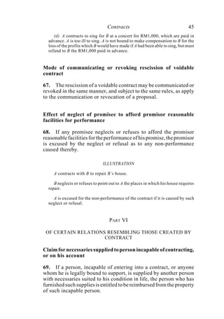 Contracts 45
(d) A contracts to sing for B at a concert for RM1,000, which are paid in
advance. A is too ill to sing. A is not bound to make compensation to B for the
loss of the profits which B would have made if A had been able to sing, but must
refund to B the RM1,000 paid in advance.
Mode of communicating or revoking rescission of voidable
contract
67. The rescission of a voidable contract may be communicated or
revoked in the same manner, and subject to the same rules, as apply
to the communication or revocation of a proposal.
Effect of neglect of promisee to afford promisor reasonable
facilities for performance
68. If any promisee neglects or refuses to afford the promisor
reasonable facilities for the performance of his promise, the promisor
is excused by the neglect or refusal as to any non-performance
caused thereby.
ILLUSTRATION
A contracts with B to repair B’s house.
B neglects or refuses to point out to A the places in which his house requires
repair.
A is excused for the non-performance of the contract if it is caused by such
neglect or refusal.
PART VI
OF CERTAIN RELATIONS RESEMBLING THOSE CREATED BY
CONTRACT
Claim for necessaries supplied to person incapable of contracting,
or on his account
69. If a person, incapable of entering into a contract, or anyone
whom he is legally bound to support, is supplied by another person
with necessaries suited to his condition in life, the person who has
furnished such supplies is entitled to be reimbursed from the property
of such incapable person.
 