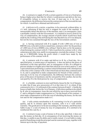 Contracts 49
(h) A contracts to supply B with a certain quantity of iron at a fixed price,
being a higher price than that for which A could procure and deliver the iron.
B wrongfully refuses to receive the iron. B must pay to A, by way of
compensation, the difference between the contract price of the iron and the sum
for which A could have obtained and delivered it.
(i) A delivers to B, a carrier, a machine, to be conveyed, without delay, to
A’s mill, informing B that his mill is stopped for want of the machine. B
unreasonably delays the delivery of the machine, and A, in consequence, loses
a profitable contract with the Government. A is entitled to receive from B, by
way of compensation, the average amount of profit which would have been
made by the working of the mill during the time that delivery of it was delayed,
but not the loss sustained through the loss of the Government contract.
(j) A, having contracted with B to supply B with 1,000 tons of iron at
RM100 a ton, to be delivered at a stated time, contracts with C for the purchase
of 1,000 tons of iron at RM80 a ton, telling C that he does so for the purpose
of performing his contract with B. C fails to perform his contract with A, who
cannot procure other iron, and B, in consequence, rescinds the contract. C must
pay to A RM20,000, being the profit which A would have made by the
performance of his contract with B.
(k) A contracts with B to make and deliver to B, by a fixed day, for a
specified price, a certain piece of machinery. A does not deliver the piece of
machinery at the time specified, and, in consequence of this, B is obliged to
procure another at a higher price than that which he was to have paid to A, and
is prevented from performing a contract which B had made with a third person
at the time of his contract with A (but which had not been then communicated
to A), and is compelled to make compensation for breach of that contract. A
must pay to B, by way of compensation, the difference between the contract
price of the piece of machinery and the sum paid by B for another, but not the
sum paid by B to the third person by way of compensation.
(l) A, a builder, contracts to erect and finish a house by the 1st of January,
in order that B may give possession of it at that time to C, to whom B has
contracted to let it. A is informed of the contract between B and C. A builds the
house so badly that, before the 1st of January, it falls down and has to be rebuilt
by B, who in consequence, loses the rent which he was to have received from
C, and is obliged to make compensation to C for the breach of his contract. A
must make compensation to B for the cost of rebuilding the house, for the rent
lost and for the compensation made to C.
(m) A sells certain merchandise to B, warranting it to be of a particular
quality, and B, in reliance upon this warranty, sells it to C with similar
warranty. The goods prove to be not according to the warranty, and B becomes
liable to pay C a sum of money by way of compensation. B is entitled to be
reimbursed this sum by A.
(n) A contracts to pay a sum of money to B on a day specified. A does not
pay the money on that day. B, in consequence of not receiving the money on
that day, is unable to pay his debts and is totally ruined. A is not liable to make
good to B anything except the principal sum he contracted to pay, together with
interest up to the day of payment.
 