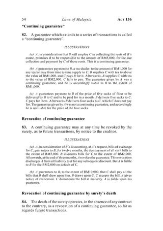 54 Laws of Malaysia ACT 136
“Continuing guarantee”
82. A guarantee which extends to a series of transactions is called
a “continuing guarantee”.
ILLUSTRATIONS
(a) A, in consideration that B will employ C in collecting the rents of B’s
estate, promises B to be responsible to the amount of RM5,000, for the due
collection and payment by C of those rents. This is a continuing guarantee.
(b) A guarantees payment to B, a tea-dealer, to the amount of RM1,000 for
any tea he may from time to time supply to C. B supplies C with tea to above
the value of RM1,000, and C pays B for it. Afterwards, B supplies C with tea
to the value of RM2,000. C fails to pay. The guarantee given by A was a
continuing guarantee, and he is accordingly liable to B to the extent of
RM1,000.
(c) A guarantees payment to B of the price of five sacks of flour to be
delivered by B to C and to be paid for in a month. B delivers five sacks to C.
C pays for them. Afterwards B delivers four sacks to C, which C does not pay
for. The guarantee given by A was not a continuing guarantee, and accordingly
he is not liable for the price of the four sacks.
Revocation of continuing guarantee
83. A continuing guarantee may at any time be revoked by the
surety, as to future transactions, by notice to the creditor.
ILLUSTRATIONS
(a) A, in consideration of B’s discounting, at A’s request, bills of exchange
for C, guarantees to B, for twelve months, the due payment of all such bills to
the extent of RM5,000. B discounts bills for C to the extent of RM2,000.
Afterwards, at the end of three months, A revokes the guarantee. This revocation
discharges A from all liability to B for any subsequent discount. But A is liable
to B for the RM2,000 on default of C.
(b) A guarantees to B, to the extent of RM10,000, that C shall pay all the
bills that B shall draw upon him. B draws upon C. C accepts the bill. A gives
notice of revocation. C dishonours the bill at maturity. A is liable upon his
guarantee.
Revocation of continuing guarantee by surety’s death
84. The death of the surety operates, in the absence of any contract
to the contrary, as a revocation of a continuing guarantee, so far as
regards future transactions.
 