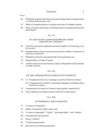 Contracts 7
66. Obligation of person who has received advantage under void agreement,
or contract that becomes void
67. Mode of communicating or revoking rescission of voidable contract
68. Effect of neglect of promisee to afford promisor reasonable facilities for
performance
PART VI
OF CERTAIN RELATIONS RESEMBLING THOSE
CREATED BY CONTRACT
69. Claim for necessaries supplied to person incapable of contracting, or on
his account
70. Reimbursement of person paying money due by another, in payment of
which he is interested
71. Obligation of person enjoying benefit of non-gratuitous act
72. Responsibility or finder of goods
73. Liability of person to whom money is paid, or thing delivered, by mistake
or under coercion
PART VII
OF THE CONSEQUENCES OF BREACH OF CONTRACT
74. (1) Compensation for loss or damage caused by breach of contract
(2) Compensation for failure to discharge obligation resembling those
created by contract
75. Compensation for breach of contract where penalty stipulated for
76. Party rightfully rescinding contract entitled to compensation
PART VIII
OF INDEMNITY AND GUARANTEE
77. “Contract of indemnity”
78. Rights of indemnity holder when sued
79. “Contract of guarantee”, “surety”, “principal debtor”, and “creditor”
80. Consideration for guarantee
81. Surety’s liability
82. “Continuing guarantee”
83. Revocation of continuing guarantee
Section
 