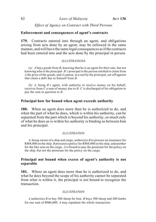 82 Laws of Malaysia ACT 136
Effect of Agency on Contract with Third Persons
Enforcement and consequences of agent’s contracts
179. Contracts entered into through an agent, and obligations
arising from acts done by an agent, may be enforced in the same
manner, and will have the same legal consequences as if the contracts
had been entered into and the acts done by the principal in person.
ILLUSTRATIONS
(a) A buys goods from B, knowing that he is an agent for their sale, but not
knowing who is the principal. B’s principal is the person entitled to claim from
A the price of the goods, and A cannot, in a suit by the principal, set-off against
that claim a debt due to himself from B.
(b) A, being B’s agent, with authority to receive money on his behalf,
receives from C a sum of money due to B. C is discharged of his obligation to
pay the sum in question to B.
Principal how far bound when agent exceeds authority
180. When an agent does more than he is authorized to do, and
when the part of what he does, which is within his authority, can be
separated from the part which is beyond his authority, so much only
of what he does as is within his authority is binding as between him
and his principal.
ILLUSTRATION
A, being owner of a ship and cargo, authorizes B to procure an insurance for
RM4,000 on the ship. B procures a policy for RM4,000 on the ship, and another
for the like sum on the cargo. A is bound to pay the premium for the policy on
the ship, but not the premium for the policy on the cargo.
Principal not bound when excess of agent’s authority is not
separable
181. Where an agent does more than he is authorized to do, and
what he does beyond the scope of his authority cannot be separated
from what is within it, the principal is not bound to recognise the
transaction.
ILLUSTRATION
A authorizes B to buy 500 sheep for him. B buys 500 sheep and 200 lambs
for one sum of RM6,000. A may repudiate the whole transaction.
 