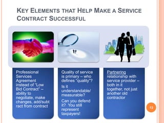 KEY ELEMENTS THAT HELP MAKE A SERVICE
CONTRACT SUCCESSFUL
Professional
Services
Agreement
instead of “Low
Bid Contract” –
ability to
negotiate, make
changes, add/subt
ract from contract
Quality of service
is primary – who
defines “quality”?
Is it
understandable/
measurable?
Can you defend
it? You still
represent
taxpayers!
Partnering
relationship with
service provider –
both in it
together, not just
another old
contractor
13
 