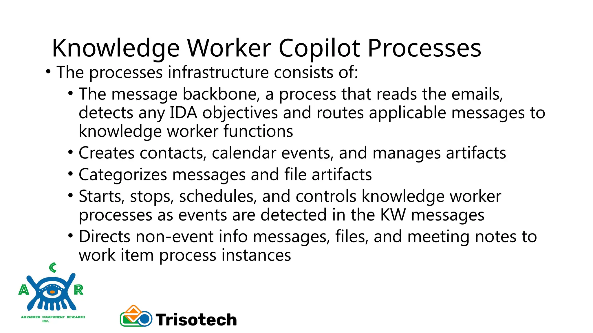 Knowledge Worker Copilot Processes
• The processes infrastructure consists of:
• The message backbone, a process that reads the emails,
detects any IDA objectives and routes applicable messages to
knowledge worker functions
• Creates contacts, calendar events, and manages artifacts
• Categorizes messages and file artifacts
• Starts, stops, schedules, and controls knowledge worker
processes as events are detected in the KW messages
• Directs non-event info messages, files, and meeting notes to
work item process instances
 