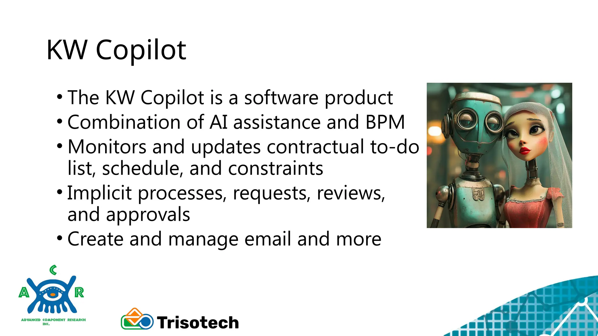 KW Copilot
• The KW Copilot is a software product
• Combination of AI assistance and BPM
• Monitors and updates contractual to-do
list, schedule, and constraints
• Implicit processes, requests, reviews,
and approvals
• Create and manage email and more
 