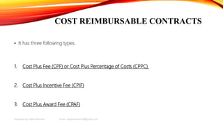 COST REIMBURSABLE CONTRACTS
• It has three following types.
1. Cost Plus Fee (CPF) or Cost Plus Percentage of Costs (CPPC)
2. Cost Plus Incentive Fee (CPIF)
3. Cost Plus Award Fee (CPAF)
Prepared by Habib Rahman email: habibrahman20@gmail.com
 