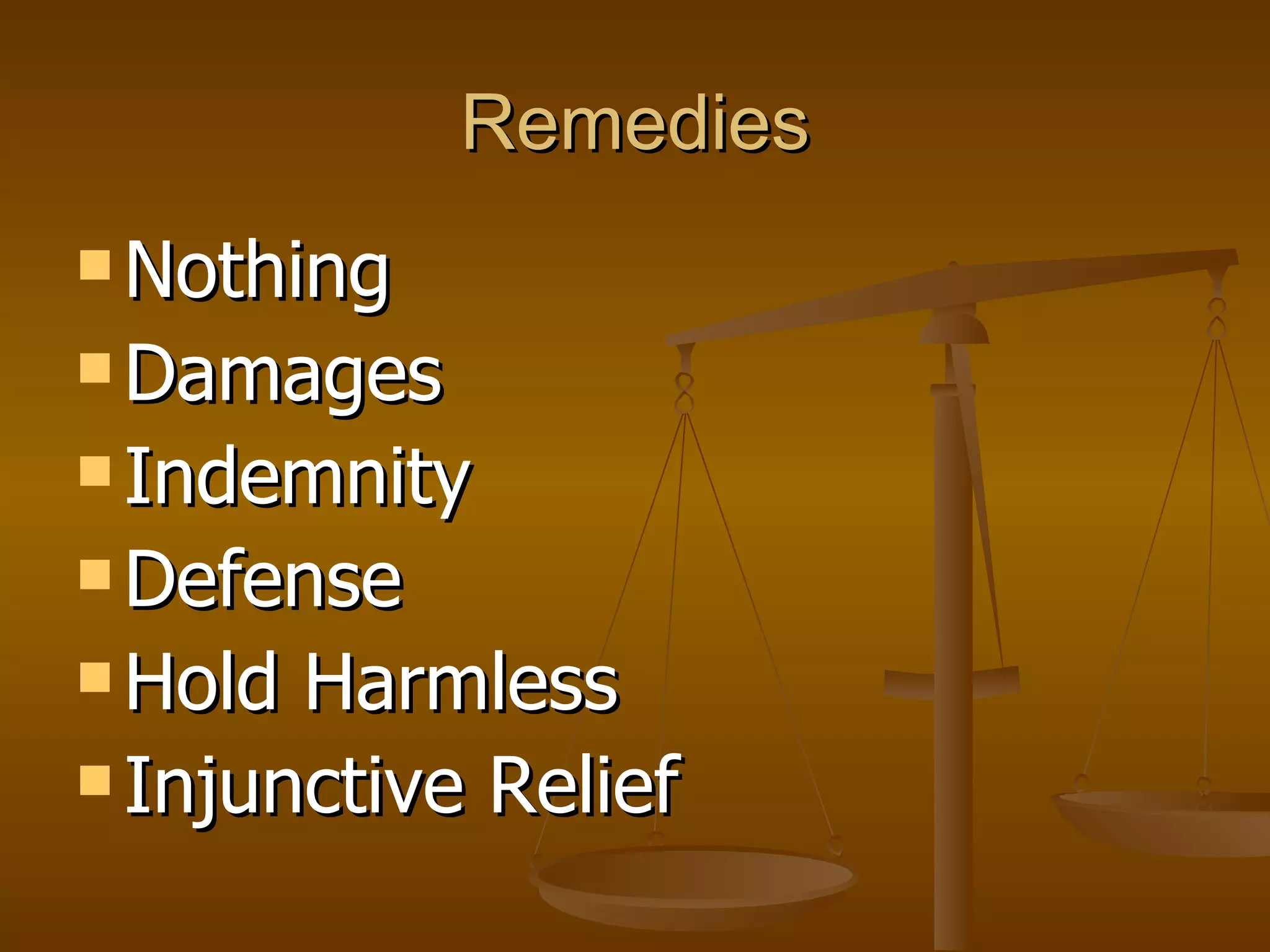 Remedies Nothing Damages Indemnity Defense Hold Harmless Injunctive Relief 