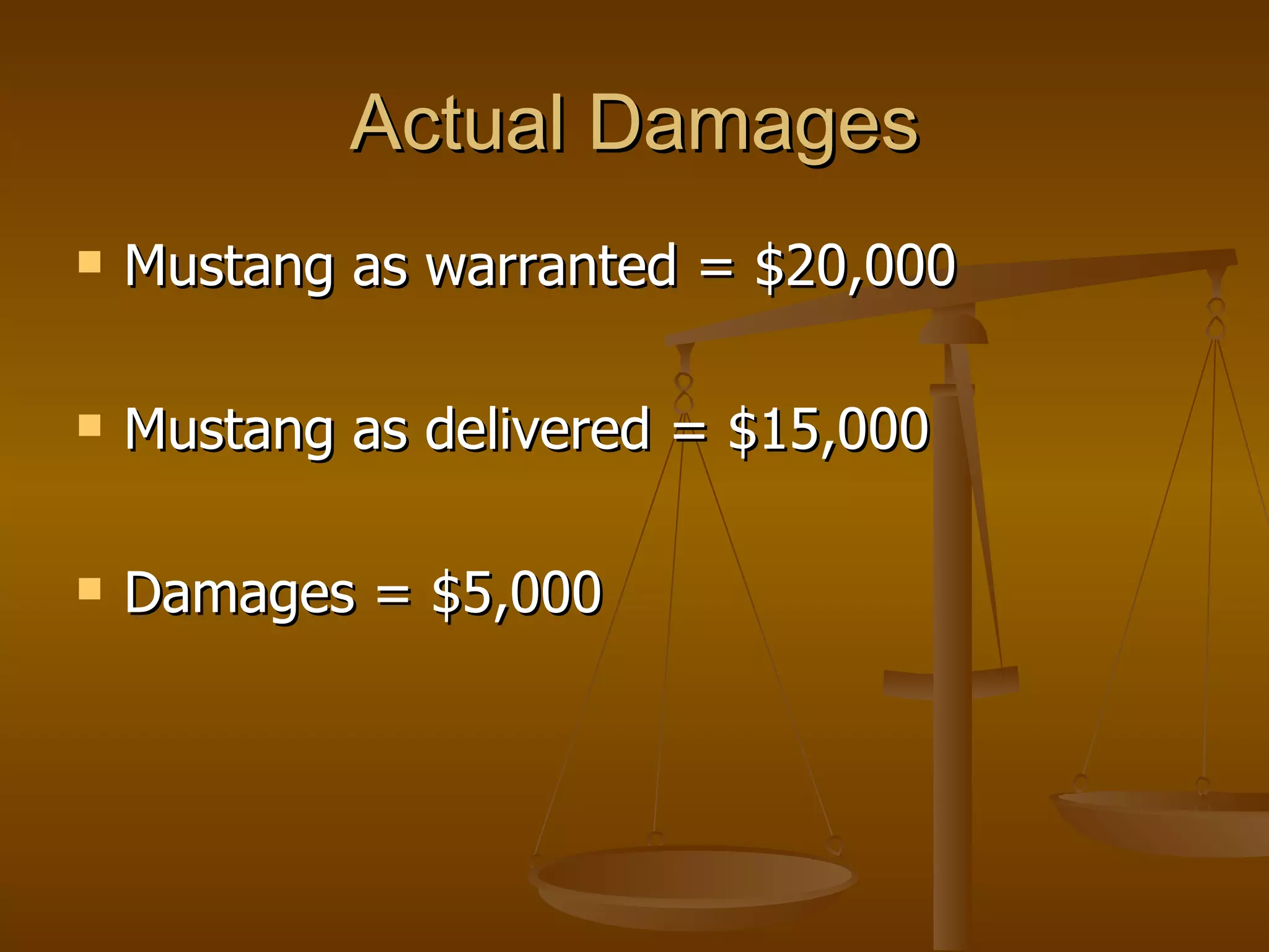 Actual Damages Mustang as warranted = $20,000 Mustang as delivered = $15,000 Damages = $5,000 