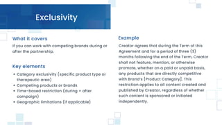 Exclusivity
If you can work with competing brands during or
after the partnership.
Category exclusivity (specific product type or
therapeutic area)
Competing products or brands
Time-based restriction (during + after
campaign)
Geographic limitations (if applicable)
Creator agrees that during the Term of this
Agreement and for a period of three (3)
months following the end of the Term, Creator
shall not feature, mention, or otherwise
promote, whether on a paid or unpaid basis,
any products that are directly competitive
with Brand’s [Product Category]. This
restriction applies to all content created and
published by Creator, regardless of whether
such content is sponsored or initiated
independently.
Example
Key elements
What it covers
 