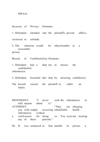 HIPAA)
Invasion of Privacy Elements:
1. Defendant intruded into the plaintiff's private affairs,
seclusion or solitude.
2. The intrusion would be objectionable to a
reasonable
person
Breach of Confidentiality Elements:
1. Defendant had a duty not to misuse the
confidential
information
2. Defendant breached that duty by misusing confidences
The breach caused the plaintiff to suffer an
injury.
DEFENDANT: “I never sold the information or
told anyone about it.”
ATTORNEY: “They are charging
you with simply accessing identifiable health
information without
a valid reason for doing so. You were not treating
any of those patients.”
Dr. H was sentenced to four months in prison, a
 