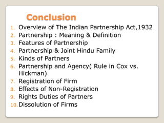 Conclusion
1. Overview of The Indian Partnership Act,1932
2. Partnership : Meaning & Definition
3. Features of Partnership...