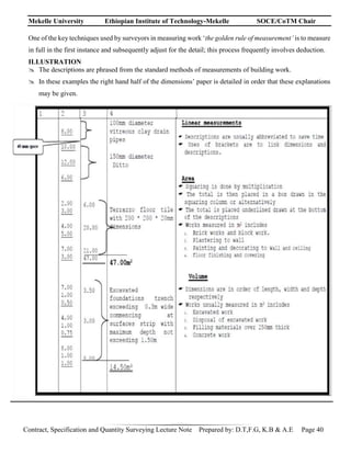 Mekelle University Ethiopian Institute of Technology-Mekelle SOCE/CoTM Chair
Contract, Specification and Quantity Surveying Lecture Note Prepared by: D.T,F.G, K.B & A.E Page 40
One of the key techniques used by surveyors in measuring work ‘the golden rule of measurement’ is to measure
in full in the first instance and subsequently adjust for the detail; this process frequently involves deduction.
ILLUSTRATION
 The descriptions are phrased from the standard methods of measurements of building work.
 In these examples the right hand half of the dimensions’ paper is detailed in order that these explanations
may be given.
 