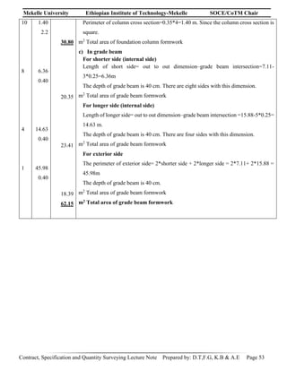 Mekelle University Ethiopian Institute of Technology-Mekelle SOCE/CoTM Chair
Contract, Specification and Quantity Surveying Lecture Note Prepared by: D.T,F.G, K.B & A.E Page 53
10
8
4
1
1.40
2.2
6.36
0.40
14.63
0.40
45.98
0.40
30.80
20.35
23.41
18.39
62.15
Perimeter of column cross section=0.35*4=1.40 m. Since the column cross section is
square.
m2
Total area of foundation column formwork
c) In grade beam
For shorter side (internal side)
Length of short side= out to out dimension–grade beam intersection=7.11-
3*0.25=6.36m
The depth of grade beam is 40 cm. There are eight sides with this dimension.
m2
Total area of grade beam formwork
For longer side (internal side)
Length of longer side= out to out dimension–grade beam intersection =15.88-5*0.25=
14.63 m.
The depth of grade beam is 40 cm. There are four sides with this dimension.
m2
Total area of grade beam formwork
For exterior side
The perimeter of exterior side= 2*shorter side + 2*longer side = 2*7.11+ 2*15.88 =
45.98m
The depth of grade beam is 40 cm.
m2
Total area of grade beam formwork
m2 Total area of grade beam formwork
 