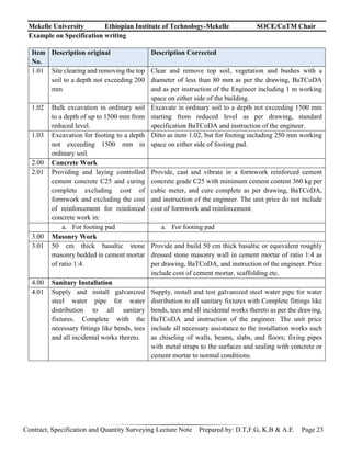 Mekelle University Ethiopian Institute of Technology-Mekelle SOCE/CoTM Chair
Contract, Specification and Quantity Surveying Lecture Note Prepared by: D.T,F.G, K.B & A.E Page 23
Example on Specification writing
Item
No.
Description original Description Corrected
1.01 Site clearing and removing the top
soil to a depth not exceeding 200
mm
Clear and remove top soil, vegetation and bushes with a
diameter of less than 80 mm as per the drawing, BaTCoDA
and as per instruction of the Engineer including 1 m working
space on either side of the building.
1.02 Bulk excavation in ordinary soil
to a depth of up to 1500 mm from
reduced level.
Excavate in ordinary soil to a depth not exceeding 1500 mm
starting from reduced level as per drawing, standard
specification BaTCoDA and instruction of the engineer.
1.03 Excavation for footing to a depth
not exceeding 1500 mm in
ordinary soil.
Ditto as item 1.02, but for footing including 250 mm working
space on either side of footing pad.
2.00 Concrete Work
2.01 Providing and laying controlled
cement concrete C25 and curing
complete excluding cost of
formwork and excluding the cost
of reinforcement for reinforced
concrete work in:
Provide, cast and vibrate in a formwork reinforced cement
concrete grade C25 with minimum cement content 360 kg per
cubic meter, and cure complete as per drawing, BaTCoDA,
and instruction of the engineer. The unit price do not include
cost of formwork and reinforcement.
a. For footing pad a. For footing pad
3.00 Masonry Work
3.01 50 cm thick basaltic stone
masonry bedded in cement mortar
of ratio 1:4.
Provide and build 50 cm thick basaltic or equivalent roughly
dressed stone masonry wall in cement mortar of ratio 1:4 as
per drawing, BaTCoDA, and instruction of the engineer. Price
include cost of cement mortar, scaffolding etc.
4.00 Sanitary Installation
4.01 Supply and install galvanized
steel water pipe for water
distribution to all sanitary
fixtures. Complete with the
necessary fittings like bends, tees
and all incidental works thereto.
Supply, install and test galvanized steel water pipe for water
distribution to all sanitary fixtures with Complete fittings like
bends, tees and all incidental works thereto as per the drawing,
BaTCoDA and instruction of the engineer. The unit price
include all necessary assistance to the installation works such
as chiseling of walls, beams, slabs, and floors; fixing pipes
with metal straps to the surfaces and sealing with concrete or
cement mortar to normal conditions.
 