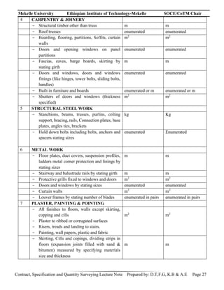 Mekelle University Ethiopian Institute of Technology-Mekelle SOCE/CoTM Chair
Contract, Specification and Quantity Surveying Lecture Note Prepared by: D.T,F.G, K.B & A.E Page 27
4 CARPENTRY & JOINERY
- Structural timber other than truss m m
- Roof trusses enumerated enumerated
- Boarding, flooring, partitions, Soffits, curtain
walls
m2
m2
- Doors and opening windows on panel
partitions
enumerated enumerated
- Fascias, eaves, barge boards, skirting by
stating girth
m m
- Doors and windows, doors and windows
fittings (like hinges, tower bolts, sliding bolts,
handles)
enumerated enumerated
- Built in furniture and boards enumerated or m enumerated or m
- Shutters of doors and windows (thickness
specified)
m2
m2
5 STRUCTURAL STEEL WORK
- Stanchions, beams, trusses, purlins, ceiling
support, bracing, rails, Connection plates, base
plates, angles ties, brackets
kg Kg
- Hold down bolts including bolts, anchors and
spacers stating sizes
enumerated Enumerated
6 METAL WORK
- Floor plates, duct covers, suspension profiles,
ladders metal corner protection and linings by
stating sizes
m m
- Stairway and balustrade rails by stating girth m m
- Protective grills fixed to windows and doors m2
m2
- Doors and windows by stating sizes enumerated enumerated
- Curtain walls m2
m2
- Louver frames by stating number of blades enumerated in pairs enumerated in pairs
7 PLASTER, PAINTING & POINTING
- All finishes to floors, walls except skirting,
copping and cills
- Plaster to ribbed or corrugated surfaces
- Risers, treads and landing to stairs.
- Painting, wall papers, plastic and fabric
m2
m2
- Skirting, Cills and copings, dividing strips in
floors (expansion joints filled with sand &
bitumen) measured by specifying materials
size and thickness
m m
 