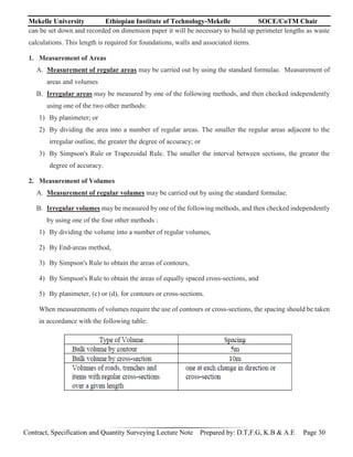 Mekelle University Ethiopian Institute of Technology-Mekelle SOCE/CoTM Chair
Contract, Specification and Quantity Surveying Lecture Note Prepared by: D.T,F.G, K.B & A.E Page 30
can be set down and recorded on dimension paper it will be necessary to build up perimeter lengths as waste
calculations. This length is required for foundations, walls and associated items.
1. Measurement of Areas
A. Measurement of regular areas may be carried out by using the standard formulae. Measurement of
areas and volumes
B. Irregular areas may be measured by one of the following methods, and then checked independently
using one of the two other methods:
1) By planimeter; or
2) By dividing the area into a number of regular areas. The smaller the regular areas adjacent to the
irregular outline, the greater the degree of accuracy; or
3) By Simpson's Rule or Trapezoidal Rule. The smaller the interval between sections, the greater the
degree of accuracy.
2. Measurement of Volumes
A. Measurement of regular volumes may be carried out by using the standard formulae.
B. Irregular volumes may be measured by one of the following methods, and then checked independently
by using one of the four other methods :
1) By dividing the volume into a number of regular volumes,
2) By End-areas method,
3) By Simpson's Rule to obtain the areas of contours,
4) By Simpson's Rule to obtain the areas of equally spaced cross-sections, and
5) By planimeter, (c) or (d), for contours or cross-sections.
When measurements of volumes require the use of contours or cross-sections, the spacing should be taken
in accordance with the following table:
 
