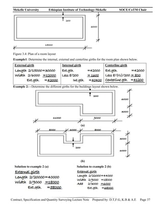 Mekelle University Ethiopian Institute of Technology-Mekelle SOCE/CoTM Chair
Contract, Specification and Quantity Surveying Lecture Note Prepared by: D.T,F.G, K.B & A.E Page 37
Figure 3.4: Plan of a room layout
Example1: Determine the internal, external and centerline girths for the room plan shown below.
External girth Internal girth Centerline girth
Example 2: - Determine the different girths for the buildings layout shown below.
(a)
(b)
Solution to example 2 (a) Solution to example 2 (b)
 