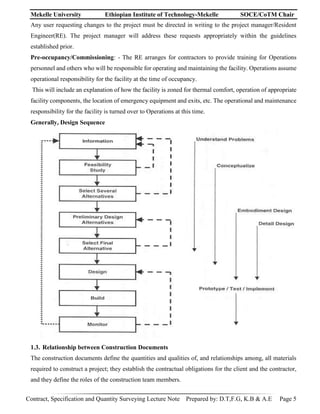 Mekelle University Ethiopian Institute of Technology-Mekelle SOCE/CoTM Chair
Contract, Specification and Quantity Surveying Lecture Note Prepared by: D.T,F.G, K.B & A.E Page 5
Any user requesting changes to the project must be directed in writing to the project manager/Resident
Engineer(RE). The project manager will address these requests appropriately within the guidelines
established prior.
Pre-occupancy/Commissioning: - The RE arranges for contractors to provide training for Operations
personnel and others who will be responsible for operating and maintaining the facility. Operations assume
operational responsibility for the facility at the time of occupancy.
This will include an explanation of how the facility is zoned for thermal comfort, operation of appropriate
facility components, the location of emergency equipment and exits, etc. The operational and maintenance
responsibility for the facility is turned over to Operations at this time.
Generally, Design Sequence
1.3. Relationship between Construction Documents
The construction documents define the quantities and qualities of, and relationships among, all materials
required to construct a project; they establish the contractual obligations for the client and the contractor,
and they define the roles of the construction team members.
 