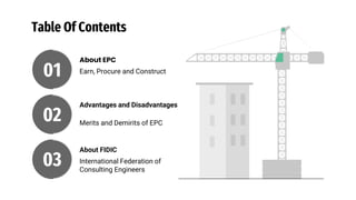 Table Of Contents
01
About EPC
Earn, Procure and Construct
02
Advantages and Disadvantages
Merits and Demirits of EPC
03
About FIDIC
International Federation of
Consulting Engineers
 