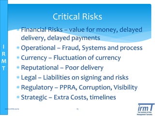 I
R
M
T
 Financial Risks – value for money, delayed
delivery, delayed payments
 Operational – Fraud, Systems and process
 Currency – Fluctuation of currency
 Reputational – Poor delivery
 Legal – Liabilities on signing and risks
 Regulatory – PPRA, Corruption, Visibility
 Strategic – Extra Costs, timelines
www.irmt.co.tz 15
Critical Risks
 