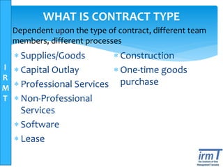 I
R
M
T
WHAT IS CONTRACT TYPE
 Supplies/Goods
 Capital Outlay
 Professional Services
 Non-Professional
Services
 Software
 Lease
 Construction
 One-time goods
purchase
Dependent upon the type of contract, different team
members, different processes
 
