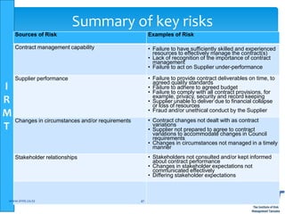 I
R
M
T
Sources of Risk Examples of Risk
Contract management capability • Failure to have sufficiently skilled and experienced
resources to effectively manage the contract(s)
• Lack of recognition of the importance of contract
management
• Failure to act on Supplier under-performance
Supplier performance • Failure to provide contract deliverables on time, to
agreed quality standards
• Failure to adhere to agreed budget
• Failure to comply with all contract provisions, for
example, privacy, security and record keeping
• Supplier unable to deliver due to financial collapse
or loss of resources
• Fraud and/or unethical conduct by the Supplier
Changes in circumstances and/or requirements • Contract changes not dealt with as contract
variations
• Supplier not prepared to agree to contract
variations to accommodate changes in Council
requirements
• Changes in circumstances not managed in a timely
manner
Stakeholder relationships • Stakeholders not consulted and/or kept informed
about contract performance
• Changes in stakeholder expectations not
communicated effectively
• Differing stakeholder expectations
www.irmt.co.tz 41
Summary of key risks
 