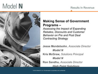 Results In Revenue



                     Making Sense of Government
                     Programs –
                     Assessing the Impact of Expanding
                     Rebates, Discounts and Customer
                     Behavior on Pre and Post Deal
                     Contracting Strategy

                    Jesse Mendelsohn, Associate Director
                           Model N
                    Kris McGraw, Solutions Principal
                           Model N
                    Ron Sandhu, Associate Director
                           High Point Solutions
© 2012 Model N, Inc. All information is proprietary and confidential.
 
