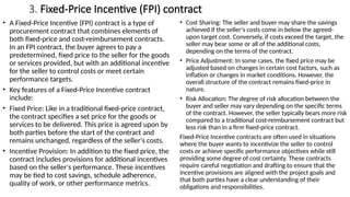 3. Fixed-Price Incentive (FPI) contract
• A Fixed-Price Incentive (FPI) contract is a type of
procurement contract that combines elements of
both fixed-price and cost-reimbursement contracts.
In an FPI contract, the buyer agrees to pay a
predetermined, fixed price to the seller for the goods
or services provided, but with an additional incentive
for the seller to control costs or meet certain
performance targets.
• Key features of a Fixed-Price Incentive contract
include:
• Fixed Price: Like in a traditional fixed-price contract,
the contract specifies a set price for the goods or
services to be delivered. This price is agreed upon by
both parties before the start of the contract and
remains unchanged, regardless of the seller's costs.
• Incentive Provision: In addition to the fixed price, the
contract includes provisions for additional incentives
based on the seller's performance. These incentives
may be tied to cost savings, schedule adherence,
quality of work, or other performance metrics.
• Cost Sharing: The seller and buyer may share the savings
achieved if the seller's costs come in below the agreed-
upon target cost. Conversely, if costs exceed the target, the
seller may bear some or all of the additional costs,
depending on the terms of the contract.
• Price Adjustment: In some cases, the fixed price may be
adjusted based on changes in certain cost factors, such as
inflation or changes in market conditions. However, the
overall structure of the contract remains fixed-price in
nature.
• Risk Allocation: The degree of risk allocation between the
buyer and seller may vary depending on the specific terms
of the contract. However, the seller typically bears more risk
compared to a traditional cost-reimbursement contract but
less risk than in a firm fixed-price contract.
Fixed-Price Incentive contracts are often used in situations
where the buyer wants to incentivize the seller to control
costs or achieve specific performance objectives while still
providing some degree of cost certainty. These contracts
require careful negotiation and drafting to ensure that the
incentive provisions are aligned with the project goals and
that both parties have a clear understanding of their
obligations and responsibilities.
 