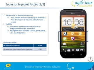 Zoom sur le projet Factéo (2/2) 
Direction du Système d'Information du Courrier 
22 
1. Factéo offre 10 applications Android 
 Pour assister les métiers historiques du facteur : 
Pour développer de nouvelle prestations de 
service 
2. Habiléo 
 Pour gérer le déploiement de la flotte de 
téléphone et habiliter les facteurs 
 Pour gérer la vie courante : panne, perte, casse, 
vol… des téléphones 
Quelques chiffres : 
Nb de téléphones déployés 20 000 
Nb de tournées réalisées avec Facteo chaque jour 8500 
 