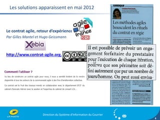 Direction du Système d'Information du Courrier 
6 
Les solutions apparaissent en mai 2012 
Le contrat agile, retour d’expérience 
Par Gilles Mantel et Hugo Geissmann 
http://www.contrat-agile.org/ 
 