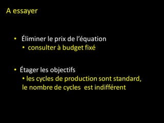 A essayer


  • Éliminer le prix de l’équation
    • consulter à budget fixé


  • Étager les objectifs
     • les cycles de production sont standard,
     le nombre de cycles est indifférent
 