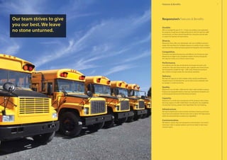 Durable.
With an average life span of 10 - 15 years, our products are engineered
for longevity, toughness and high performance. Built for high foot traffic
environments, our floors remain beautiful for a long time and are able
to sustain the harshest of environments.
Diverse.
Responsive floors offer over 500 designs with over 20 different product
ranges. We have floors for multiple purposes in a variety of sizes, colours
and textures that create fascinating options for designers and consultants.
Competitive.
Innovative manufacturing practices and efficient use of resources give
Responsive an edge in any competitive market. Priced to be popular,
the value for money on our floors is hard to beat.
Performance.
Our products are anti-slip, anti-bacterial, anti-fungal, anti-static, and
conductive. They also have moisture, stain, cigarette and chemical resis-
tance properties suitable for high - traffic areas. Responsive products
also conform to tough smoke, fire, and toxicity standards.
Delivery.
We have the capacity to meet multiple orders quickly and efficiently.
Situated close to the Mumbai Port, we are able to ship worldwide with
an average 2-3 week transit time.
Quality.
Responsive is an ISO 9001: 2008 and ISO 14001: 2004 certified company.
Products are repeatedly tested to meet top international standards such
as EN (European Norm) and ASTM (American Norm).
Capacity.
Responsive is a world class manufacturer of PVC products with a manu-
facturing capacity of 5,000-10,000 Metric Tons Monthly. Our capabilities
include Vinyl Flooring, Leather Cloth, Rigid Blister Film and Sheeting.
Infrastructure.
We have fundamentals in terms of land, machinery, financing, technical
know-how and manpower. We also have room to grow with large spaces
within the existing facility to expand our capabilities.
Communication.
We believe in good, clear and transparent communication. Our interna-
tional team caters to global audience and we are ready to meet every
customer query.
Responsive’s Features  Benefits
Features  Benefits6 7
Our team strives to give
you our best. We leave
no stone unturned.
 