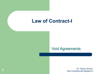 Law of Contract-I




            Void Agreements




                               Dr. Tabrez Ahmad,
1                  http://corpolexindia.blogspot.in
 