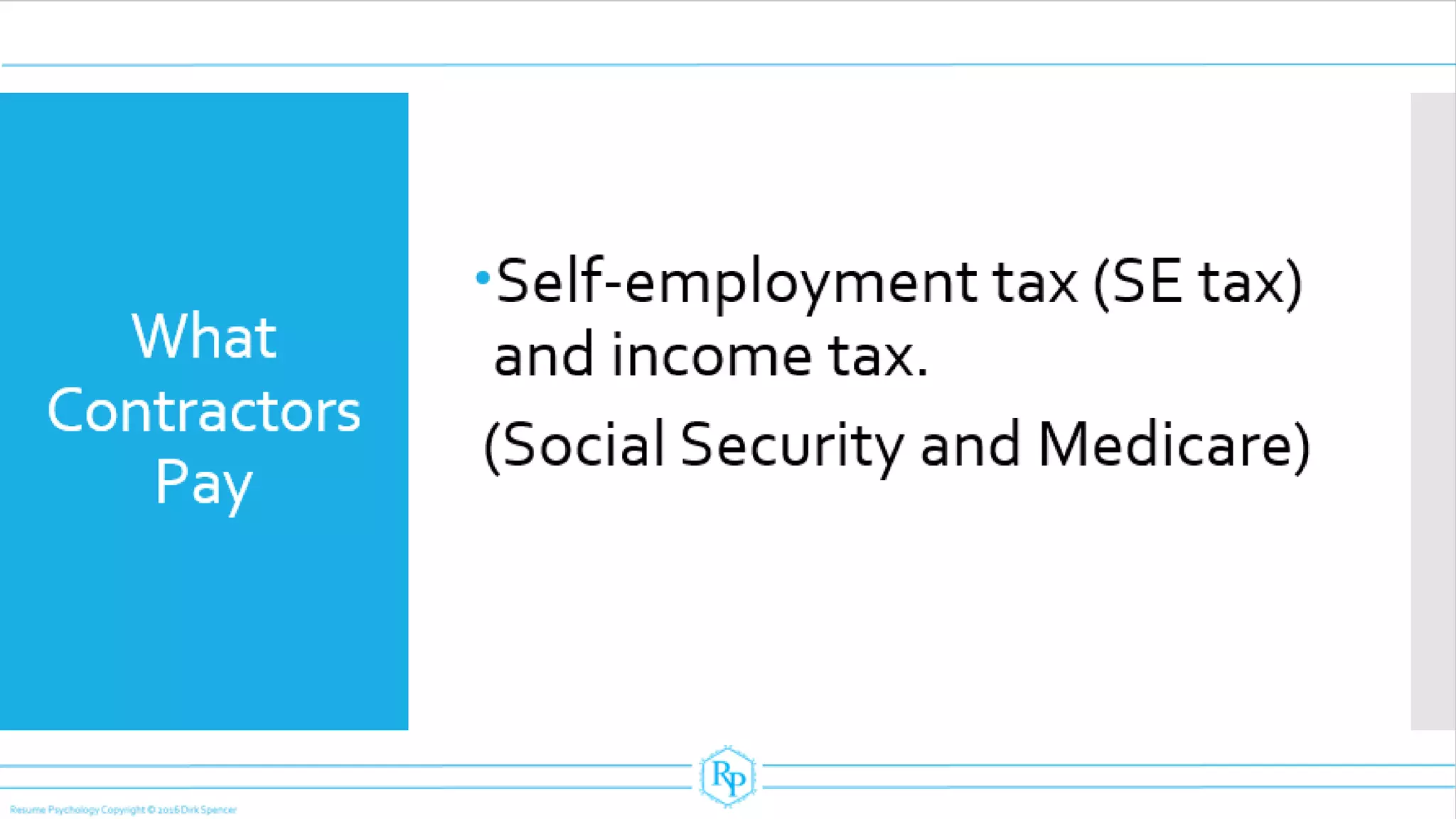 What
Contractors
Pay
Self-employment tax (SE tax)
and income tax.
(SocialSecurity and Medicare)
 