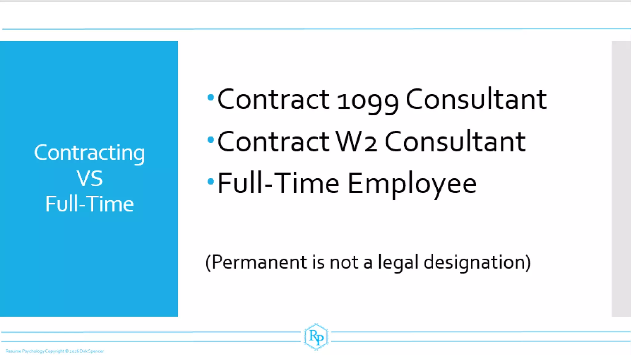 Contracting
VS
Full-Time
Contract 1099Consultant
Contract W2 Consultant
Full-Time Employee
(Permanentis not a legal designation)
 