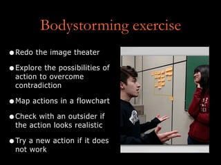 Bodystorming exercise
•Redo the image theater
•Explore the possibilities of
action to overcome
contradiction
•Map actions in a flowchart
•Check with an outsider if
the action looks realistic
•Try a new action if it does
not work
 