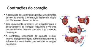 Contrações do coração
• A contração dos ventrículos produz uma cinética
de torção devido à orientação helicoidal dupla
das fibras musculares cardíacas.
• Esse movimento promove um estreitamento e
encurtamento do coração reduzindo o volume
dos ventrículos fazendo com que haja a ejeção
do sangue.
• A contração sequencial da camada espiral
interna alonga o coração, aumenta novamente o
volume dos ventrículos para receber o sangue
dos átrios.
 