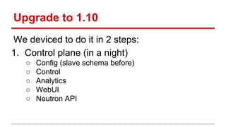 Upgrade to 1.10
We deviced to do it in 2 steps:
1. Control plane (in a night)
○ Config (slave schema before)
○ Control
○ Analytics
○ WebUI
○ Neutron API
 