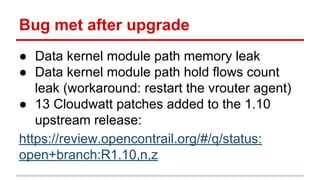 Bug met after upgrade
● Data kernel module path memory leak
● Data kernel module path hold flows count
leak (workaround: restart the vrouter agent)
● 13 Cloudwatt patches added to the 1.10
upstream release:
https://review.opencontrail.org/#/q/status:
open+branch:R1.10,n,z
 