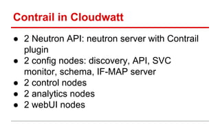 Contrail in Cloudwatt
● 2 Neutron API: neutron server with Contrail
plugin
● 2 config nodes: discovery, API, SVC
monitor, schema, IF-MAP server
● 2 control nodes
● 2 analytics nodes
● 2 webUI nodes
 