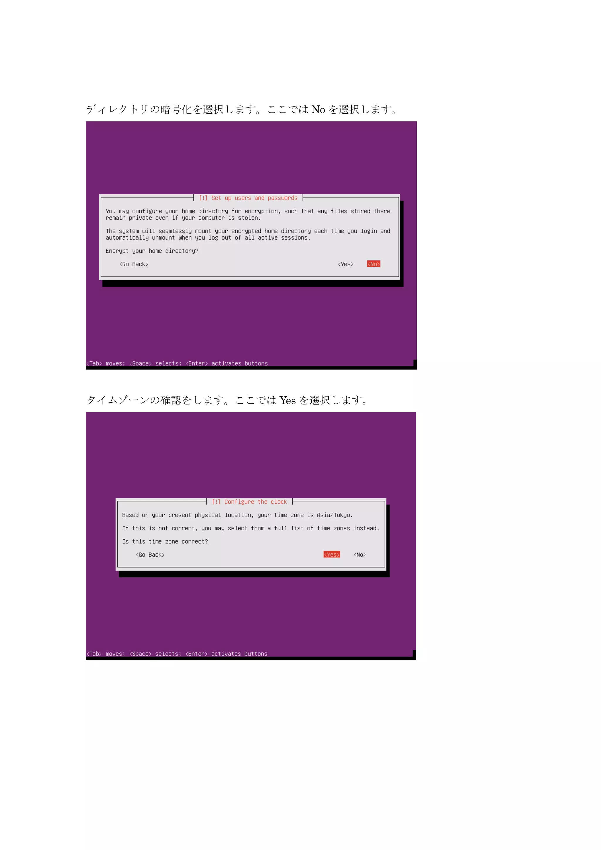 ディレクトリの暗号化を選択します。ここでは No を選択します。
タイムゾーンの確認をします。ここでは Yes を選択します。
 