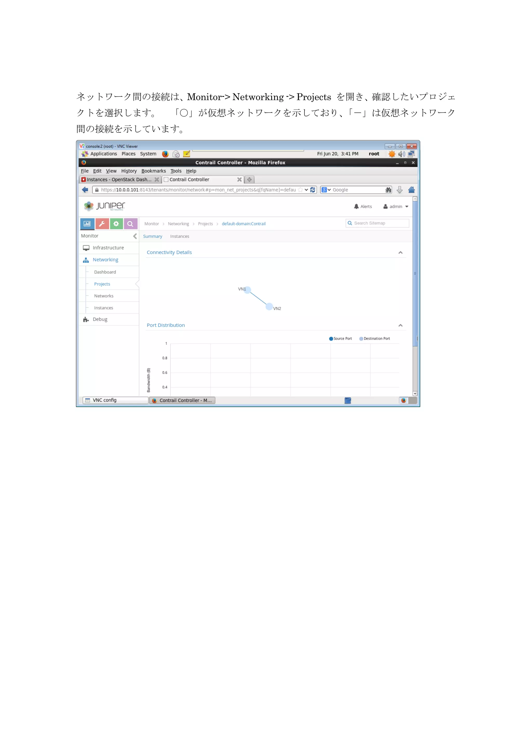 ネットワーク間の接続は、Monitor-> Networking -> Projects を開き、確認したいプロジェ
クトを選択します。 「○」が仮想ネットワークを示しており、「－」は仮想ネットワーク
間の接続を示しています。
 