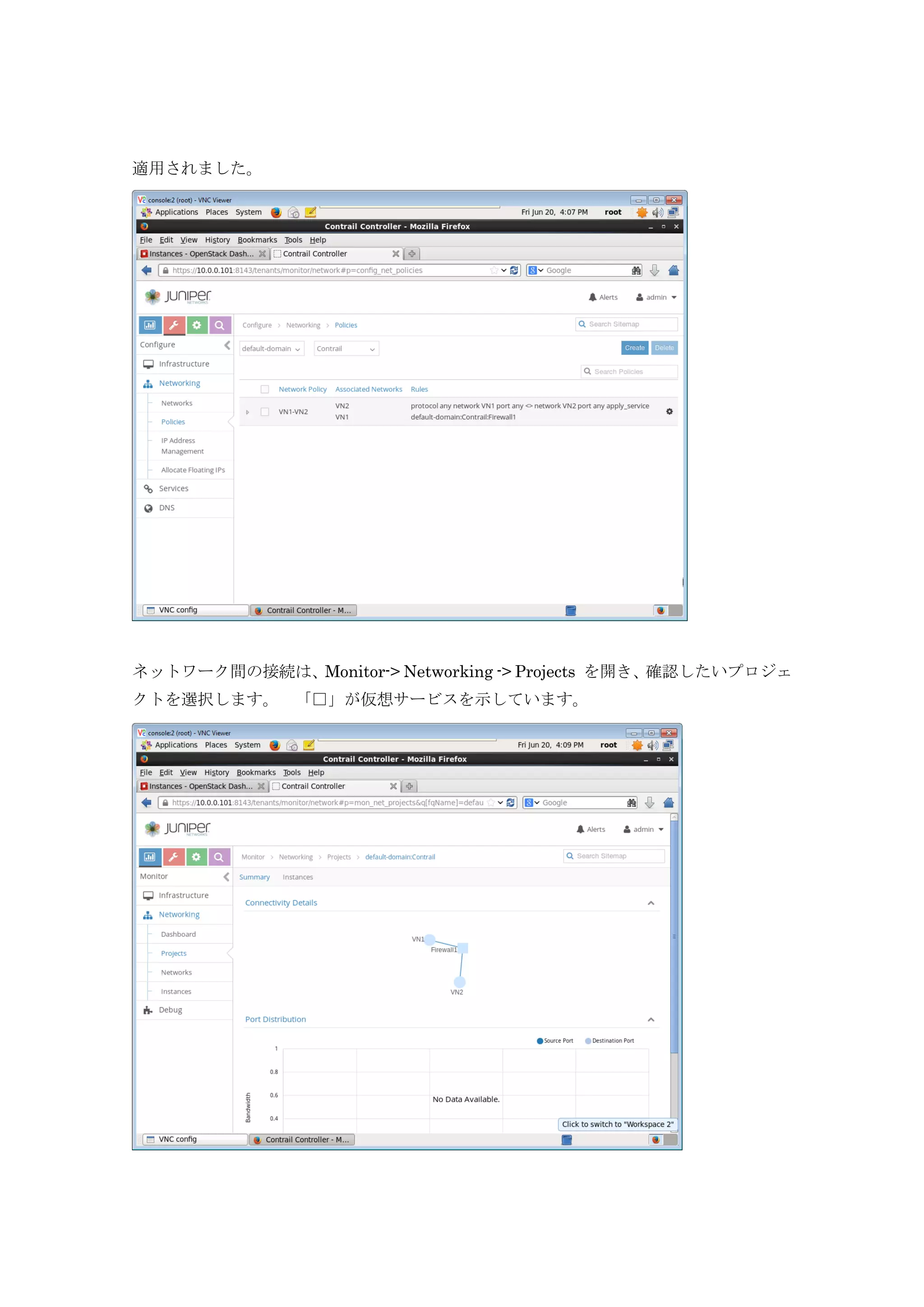 適用されました。
ネットワーク間の接続は、Monitor-> Networking -> Projects を開き、確認したいプロジェ
クトを選択します。 「□」が仮想サービスを示しています。
 