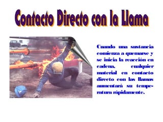 Cuando una sustancia
comienza a quemarse y
se inicia la reacción en
cadena, cualquier
material en contacto
directo con las llamas
aumentará su tempe-
ratura rápidamente.
 