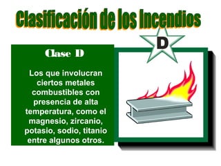 Clase D
Los que involucran
ciertos metales
combustibles con
presencia de alta
temperatura, como el
magnesio, zircanio,
potasio, sodio, titanio
entre algunos otros.
 