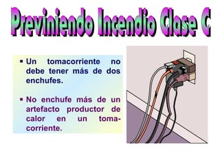  Un tomacorriente no
debe tener más de dos
enchufes.
 No enchufe más de un
artefacto productor de
calor en un toma-
corriente.
 